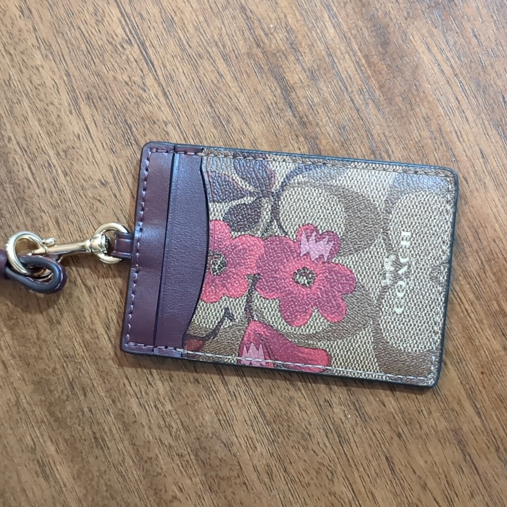 Coach Signature Canvas Leather Floral Badge ID Card Holder